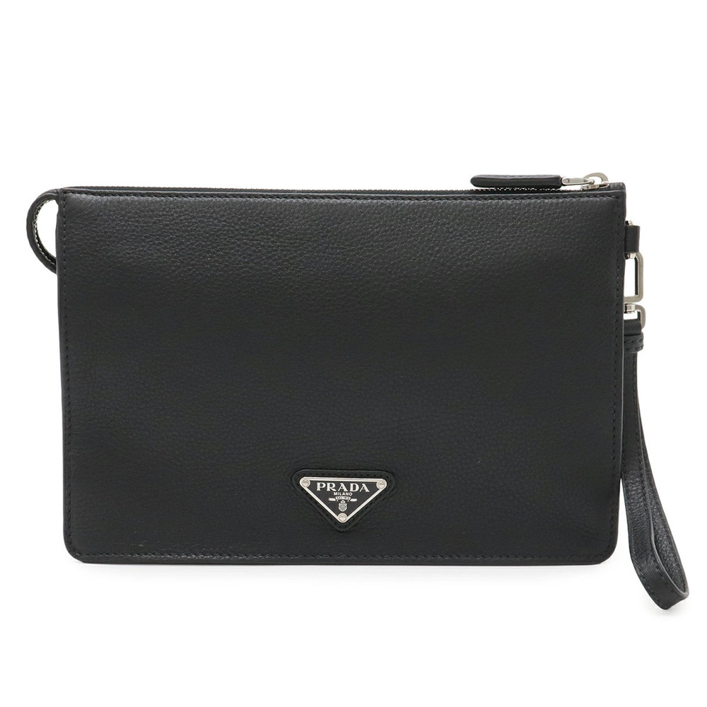 Prada Triangle Clutch Bag Shoulder Leather NERO Black